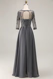 Steel Grey Appliqued A Line Half Sleeves Mother Of The Bride Dress with Back Keyhole