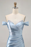 Grey Blue Bodycon Off The Shoulder Ruched Satin Homecoming Dress with Slit