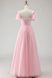 Candy Pink A Line Flutter Sleeves Long Bridesmaid Dress with Lace Up Back