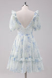 Light Blue Floral Short Homecoming Dress with Short Sleeves