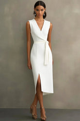 White Satin V Neck Work Dress with Belt