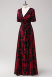 Burgundy Burnout Velvet A Line V Neck Maxi Dress with Short Sleeves