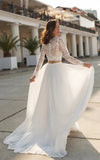 Two Piece V neck Wedding Dress with Sweep Train Lace Long Sleeves