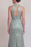 Halter Jacquard Mermaid Sage Green Mother of the Bride Dress