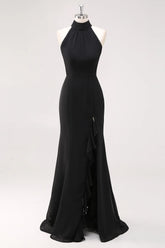 Black Mermaid Halter Neck Ruffled Long Formal Dress with Slit