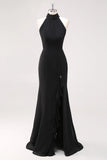 Black Mermaid Halter Neck Ruffled Long Formal Dress with Slit