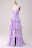 Lilac A Line Spaghetti Straps Tiered Floor Length Bridesmaid Dress With Slit