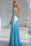 Sky Blue Mermaid Satin Backless Long Formal Dress with Bows