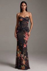 Strapless Floral Ruched Mermaid Black Formal Dress