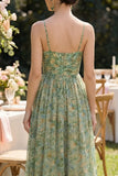Dusty Green Floral Spaghetti Straps Long Wedding Guest Dress