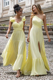Yellow A Line One Shoulder Pleated Long Maxi Wedding Party Guest Dress with Slit