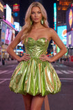 Green Strapless A Line Corset Metallic Satin Mini Homecoming Dress