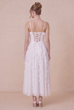 White Ruffled Spaghetti Straps A Line Midi Dress with Lace up Back