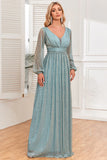 Chic Blue A Line Sequins Formal Dress with Long Sleeves