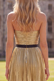 Metallic Golden Pleated A Line Strapless Homecoming Dress