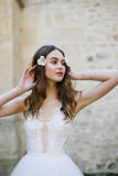 White Tulle A Line Sleeveless Illusion V Neck Appliqued Sexy Wedding Dress
