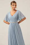 Dusty Blue A Line V Neck Chiffon Floor Length Bridesmaid Dress With Short Sleeves