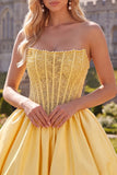 Strapless A Line Corset Yellow Homecoming Dress with Pearls