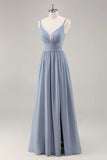 Dusty Blue A Line Spaghetti Straps Ruched Long Bridesmaid Dress with Slit