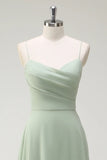 Dusty Sage A Line Spaghetti Straps Chiffon Pleated Long Bridesmaid Dress