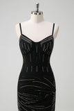 Glitter Mermaid Spaghetti Straps Beaded Long Black Prom Dress with Slit