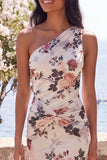 Floral One Shoulder Ivory Mermaid Wedding Guest Dress with Sash