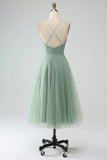 Matcha A Line Spaghetti Straps Tea Length Corset Tulle Bridesmaid Dress