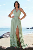 Dusty Sage A Line Halter Ruched Chiffon Ruffle Long Bridesmaid Dress with Slit