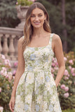 Sage Square Neck A Line Floral Wedding Guest Dress