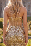 Sparkly Golden Bodycon Sequin Corset Strapless Homecoming Dress