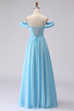 Cold Shoulder Sky Blue A Line Corset Long Bridesmaid Dress with Slit