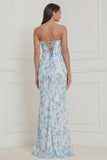 Strapless Corset Blue White Flower Bridesmaid Dress with Lace up Back