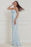 Strapless Corset Blue White Flower Bridesmaid Dress with Lace up Back