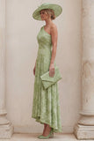 One Shoulder A Line Sage Green Floral Mother of the Bride Dress with Back Bow