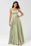Dusty Sage A Line Square Neck Floor Length Satin Bridesmaid Dress with Pocket