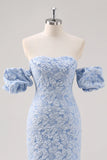 Simple Blue Floral Sheath Tea Length Brocade Formal Dress with Puff Sleeves