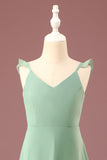 A line Long Chiffon Matcha V neck Spaghetti Straps Junior Bridesmaid Dress