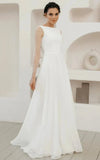 A Line Chiffon Maxi Wedding Dress Minimalist Sleeved Pearl Button Low Back Bridal Gown