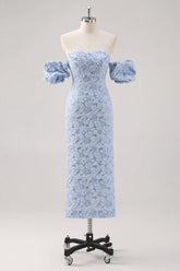Simple Blue Floral Sheath Tea Length Brocade Formal Dress with Puff Sleeves