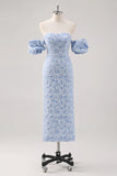 Simple Blue Floral Sheath Tea Length Brocade Formal Dress with Puff Sleeves