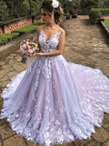 Light Purple Sleeveless A Line V Neck Lace Wedding Dresses