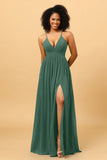 A Line Spaghetti Straps Chiffon Long Bridesmaid Dress with Slit