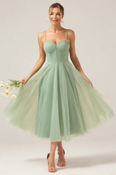 A Line Spaghetti Straps Tea Length Corset Tulle Matcha Bridesmaid Dress