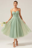 A Line Spaghetti Straps Tea Length Corset Tulle Matcha Bridesmaid Dress
