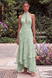 Sage Halter Keyhole Asymmetrical Floral Wedding Guest Dress