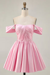 Pink A Line Off The Shoulder Ruched Short Homecoming Dress