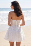 Strapless Ivory A Line Corset Beaded Mini Dress