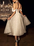 A Line Sparkly Sequined Tea Length Wedding Dresses