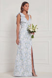 Blue White Flower V Neck Mermaid Bridesmaid Dress with Slit