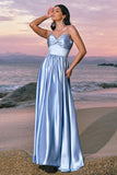 Sky Blue A Line Spaghetti Straps Ruched Floor Length Bridesmaid Dress with Slit